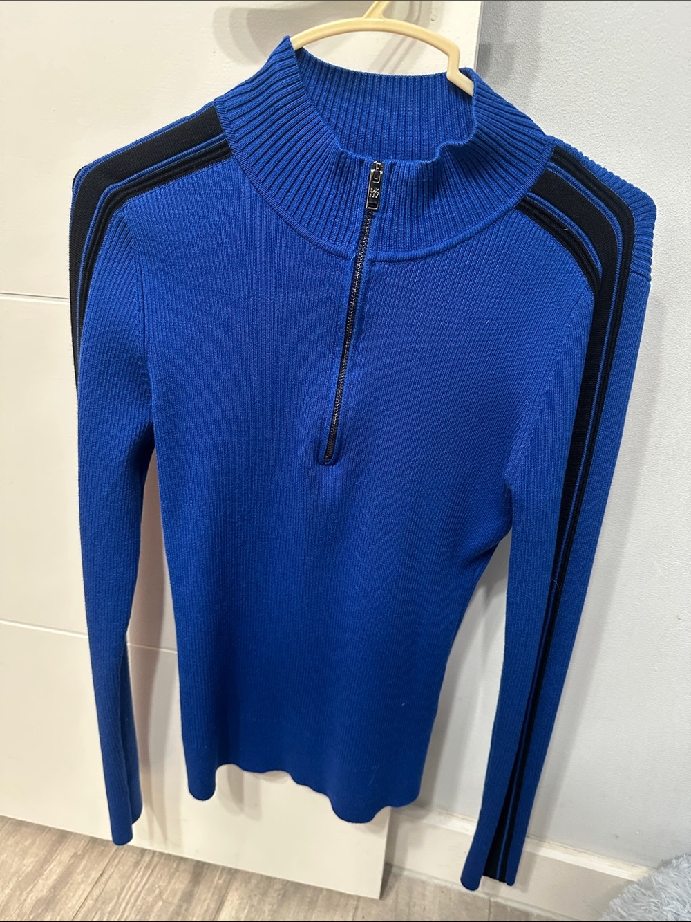DKNY Royal Blue Ribbed Half-Zip Sweater with Silver Zip